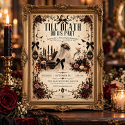 Vintage gothic bridal shower invitation displayed in an ornate gold frame with black candles and roses.