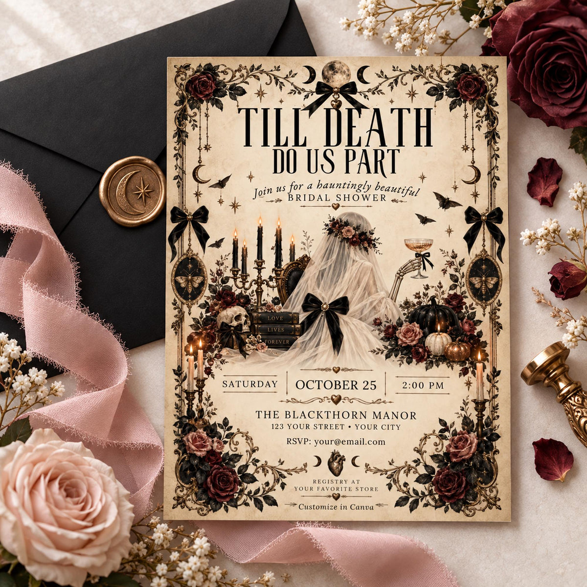 Editable gothic bridal shower invitation paired with black envelope, blush ribbon, wax seal, roses, and delicate florals.