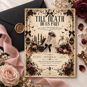 Editable gothic bridal shower invitation paired with black envelope, blush ribbon, wax seal, roses, and delicate florals.
