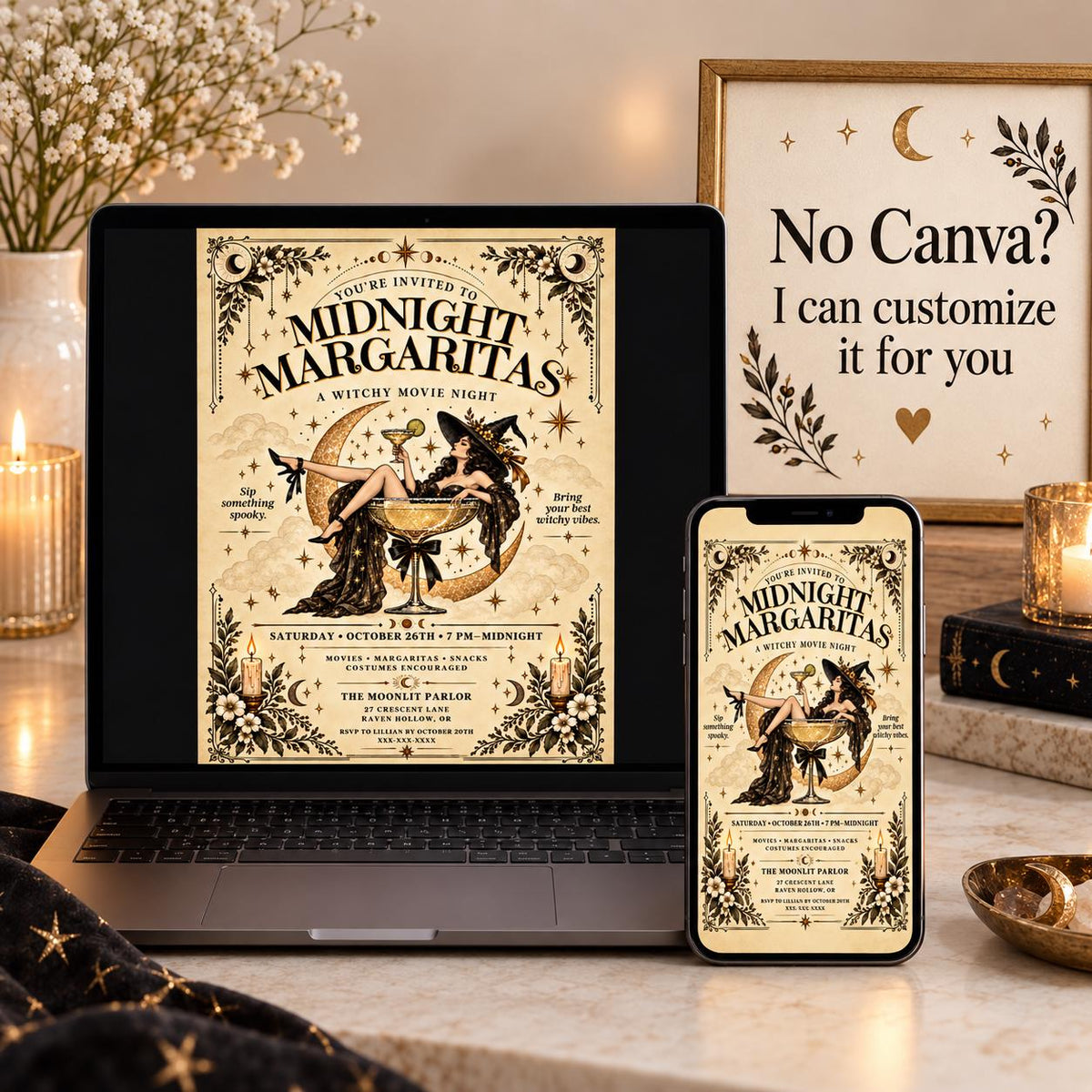 Customization option mockup for Midnight Margaritas invitation showing Canva editing screen and mobile preview.