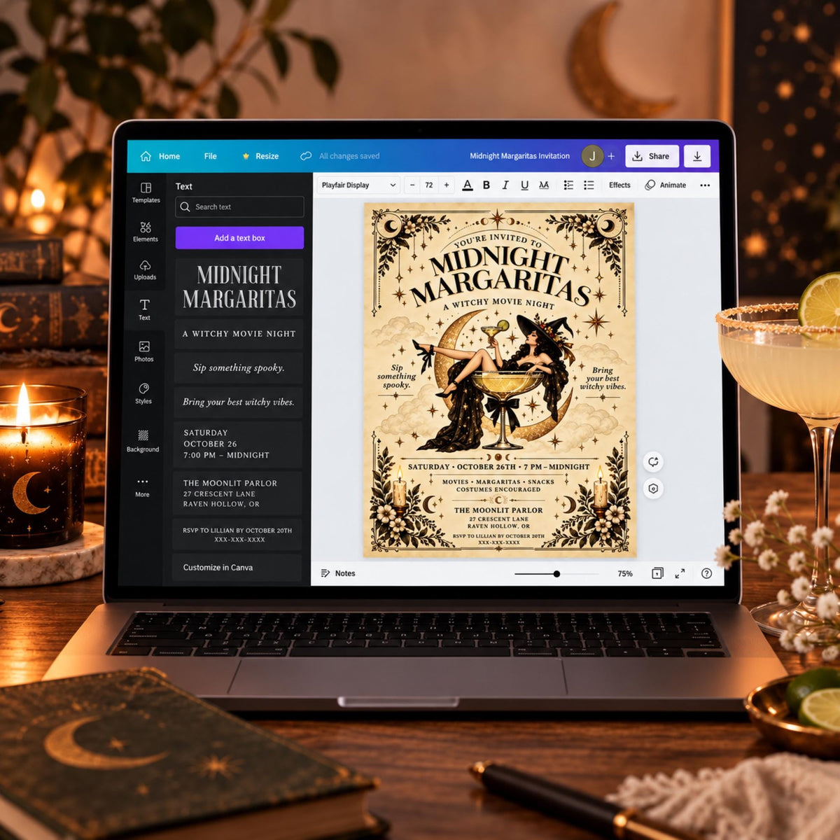 Laptop mockup showing the Midnight Margaritas editable Canva invitation template for a witchy movie night party.
