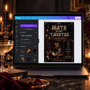 Death To My Twenties gothic 30th birthday invitation featuring black candles, burgundy roses, champagne glasses, skull accents, gold details, and editable party information.