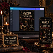 Gothic 30th birthday invitation shown on laptop and phone with seller customization offered for buyers who prefer not to use Canva.