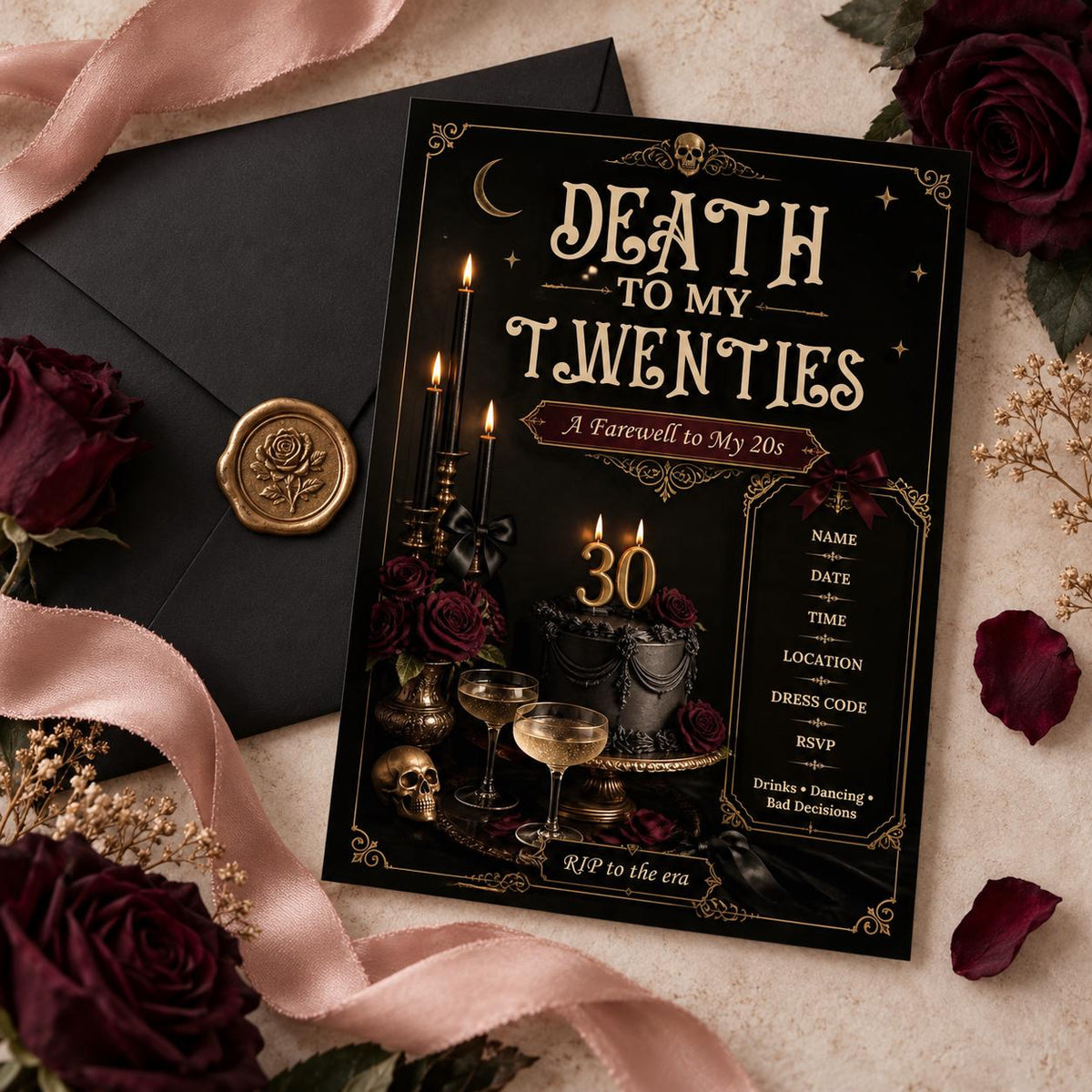 Gothic 30th birthday invitation styled with black envelope, blush ribbon, wax seal, burgundy roses, and candlelight.