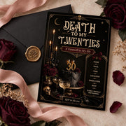 Gothic 30th birthday invitation styled with black envelope, blush ribbon, wax seal, burgundy roses, and candlelight.