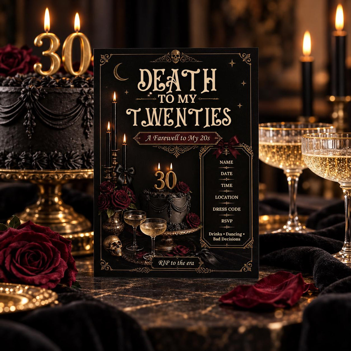 Death To My Twenties printable birthday invitation displayed with champagne glasses, black cake, roses, candles, and dark gothic party decor.