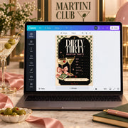 Dirty Thirty Martini Party editable invitation displayed in Canva on a laptop with chic cocktail-themed decor.