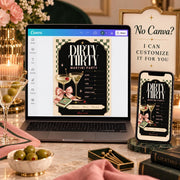 Dirty Thirty invitation shown on laptop and phone with seller customization offered for buyers who prefer not to use Canva.