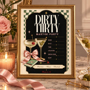 Dirty Thirty Martini Party invitation with martini glasses, pink bow, olive green checker accents, black background, 30th birthday featured with a elegant gold frame.