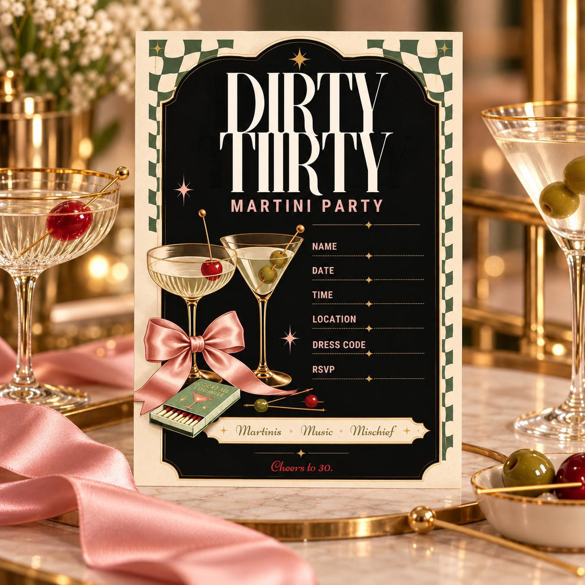 Dirty Thirty Martini Party invitation displayed in a gold frame with blush roses, candlelight, and cocktail styling.