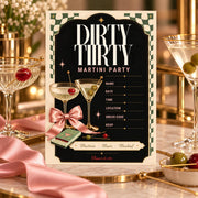 Dirty Thirty Martini Party invitation displayed in a gold frame with blush roses, candlelight, and cocktail styling.