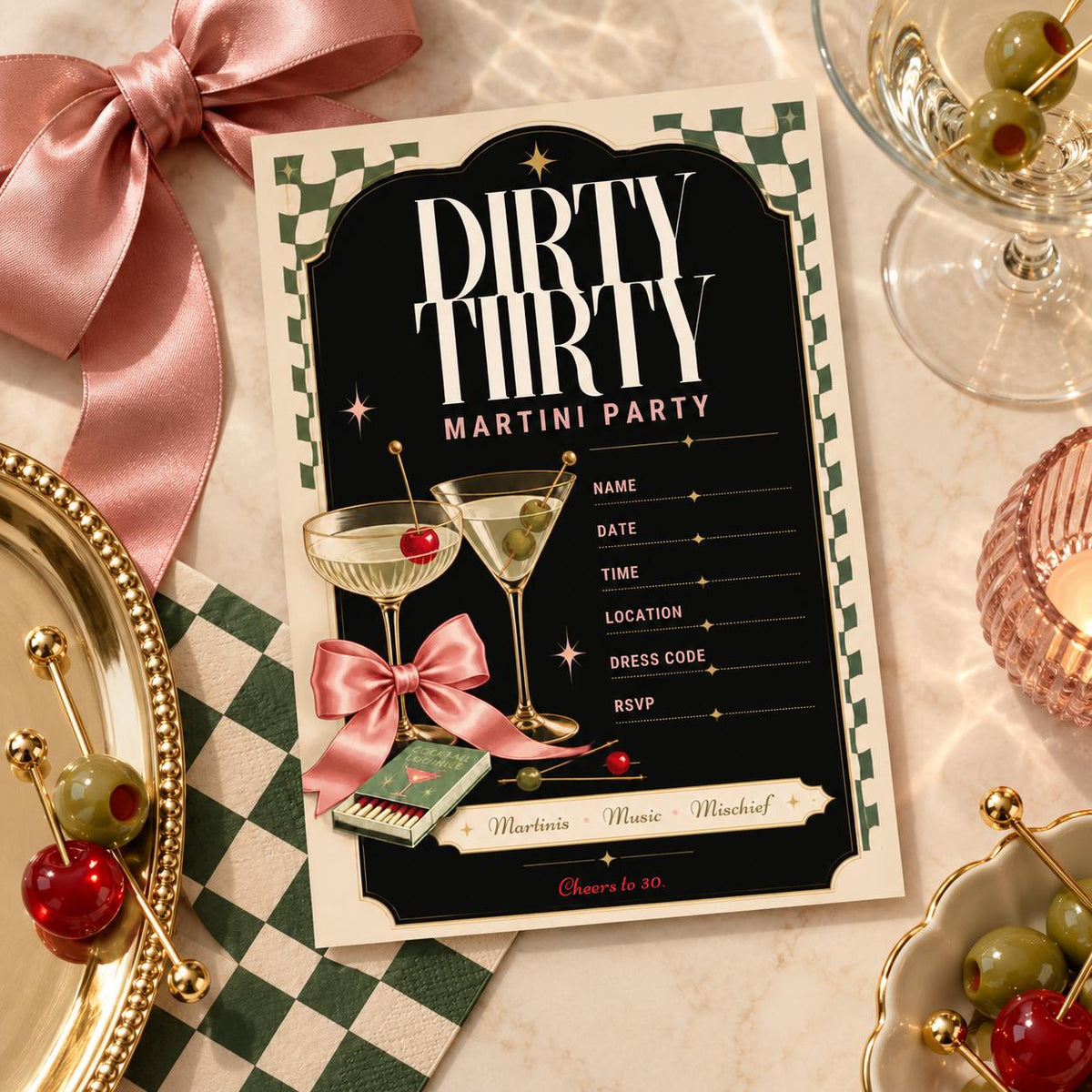 Retro 30th birthday invitation styled with pink ribbon, martini glass, olives, gold accents, and neutral background.