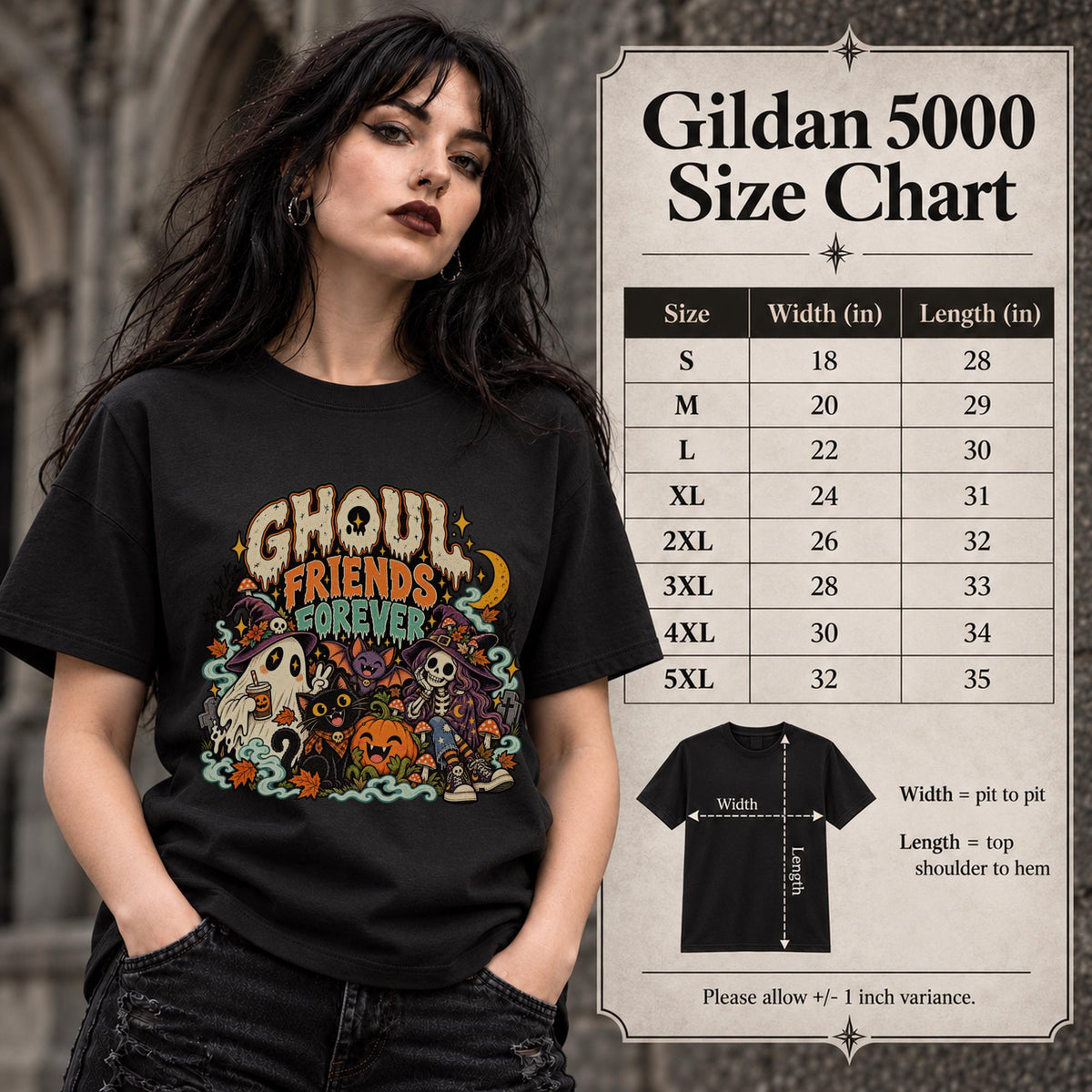 Size Chart for Gildan 5000 unisex T-shirt featuring a colorful “Ghoul Friends Forever” Halloween graphic with a ghost, black cat, pumpkin, witchy skeleton, bats, mushrooms, crescent moon, and autumn accents.
