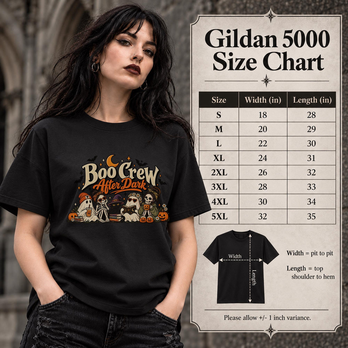 Size chart for Gildan 5000 unisex T-shirt featuring a “Boo Crew After Dark” Halloween design with ghosts, skeletons, pumpkins, books, bats, drinks, and a crescent moon in retro orange and cream tones.