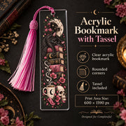 Product information mockup for a gothic acrylic bookmark with tassel, featuringa black cat design and a raven design with celestial, floral, and dark academia details.