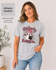 Bella+Canvas 3001 Athletic Heather unisex T-shirt featuring a cute ghost in a pink beanie holding coffee and a book with “Get Spooky Bookish Babes” lettering, hearts, and stars.