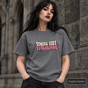 Graphite Heather T-shirt showcasing the confidence-inspired statement design with bold typography and feminine pink details.
