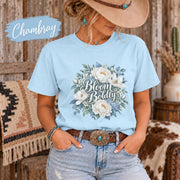 Chambray Comfort Colors T-shirt showcasing the blue floral graphic on a light denim-inspired shirt color.