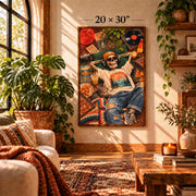 Framed 20 x 30 inch retro skeleton poster displayed in a cozy boho bedroom, featuring a skeleton wearing headphones surrounded by vinyl records, pizza, plants, vintage decor, and warm orange tones.
