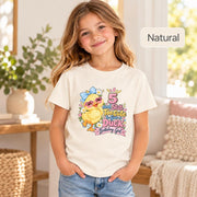 Natural Bella+Canvas 3001Y youth T-shirt featuring a colorful birthday duckling design with balloons, daisies, hearts, and playful 5th birthday girl wording.