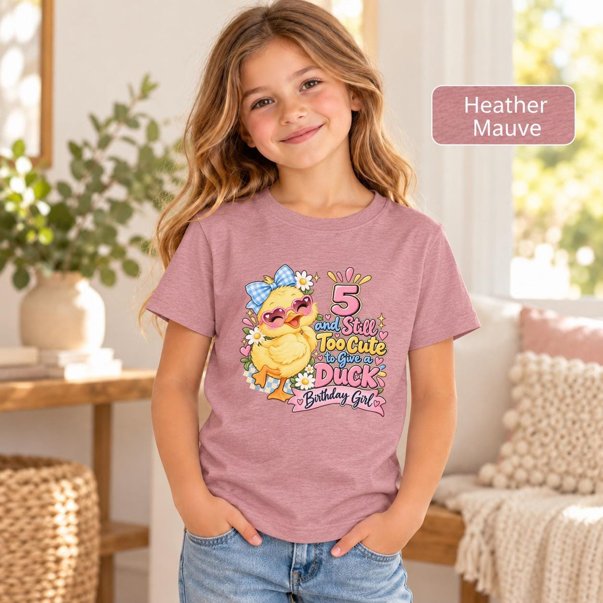 Heather Mauve youth tee showcasing the 5th birthday girl duck graphic with heart sunglasses, flowers, and festive party details.