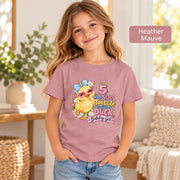 Heather Mauve youth tee showcasing the 5th birthday girl duck graphic with heart sunglasses, flowers, and festive party details.