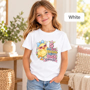 White youth T-shirt featuring the cute birthday duckling artwork with pastel balloons, daisies, and bold celebration text.