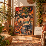 Framed skeleton wall art styled in an eclectic bedroom with greenery, layered textiles, and retro home decor.