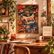 Vintage skeleton poster shown above a cozy bed with warm lighting, plants, and bohemian bedroom styling.