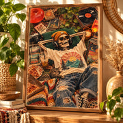 Retro skeleton music poster displayed in a warm boho room with plants, vintage decor, records, and cozy orange accents.