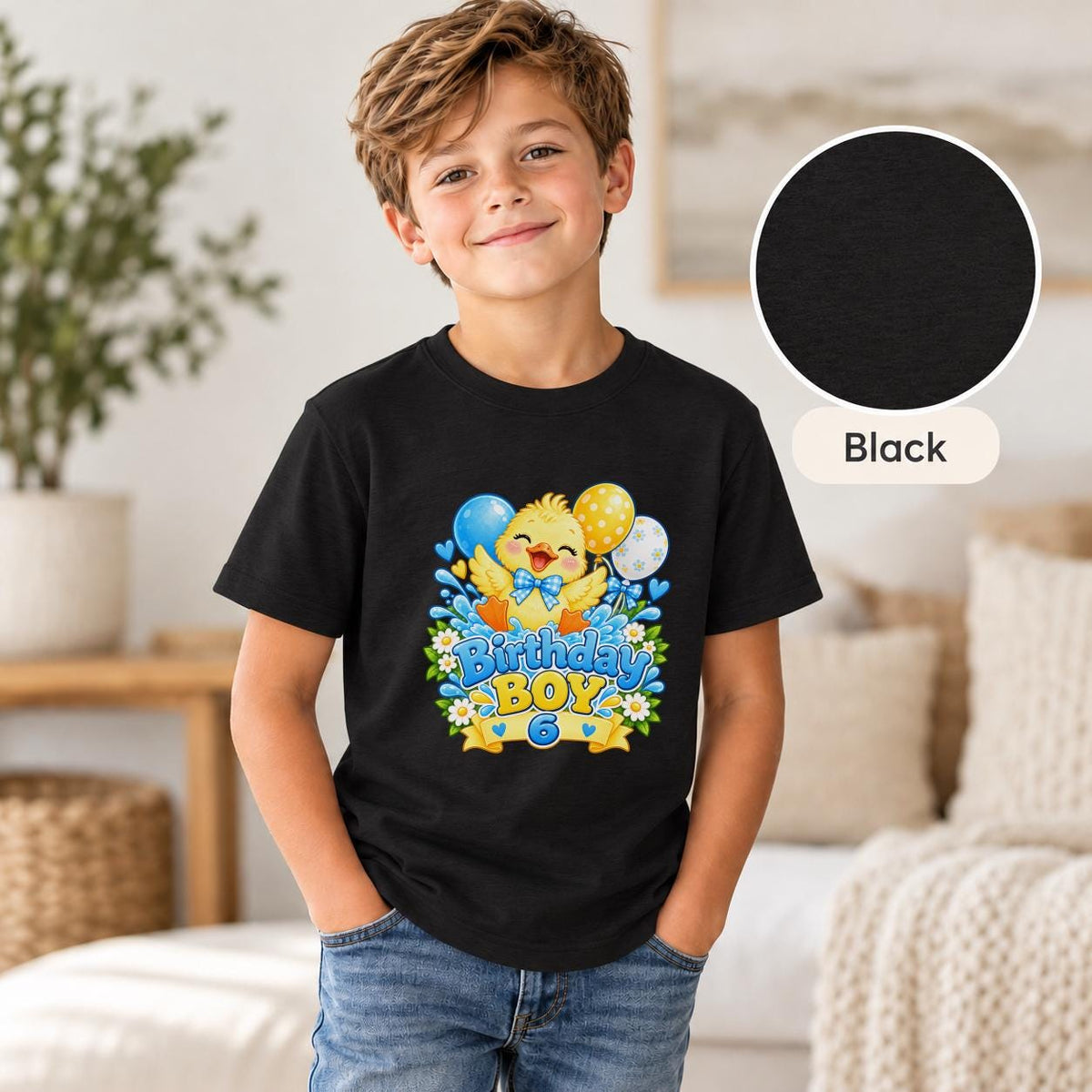 Black Bella+Canvas 3001Y shirt featuring the customizable birthday duckling design with colorful balloons and floral accents.