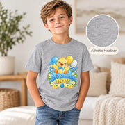 Athletic Heather youth T-shirt showcasing the personalized duck birthday artwork with bright blue, yellow, and white details.