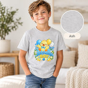 Ash Bella+Canvas youth tee featuring the cute birthday duck graphic with balloons, flowers, and custom age design.