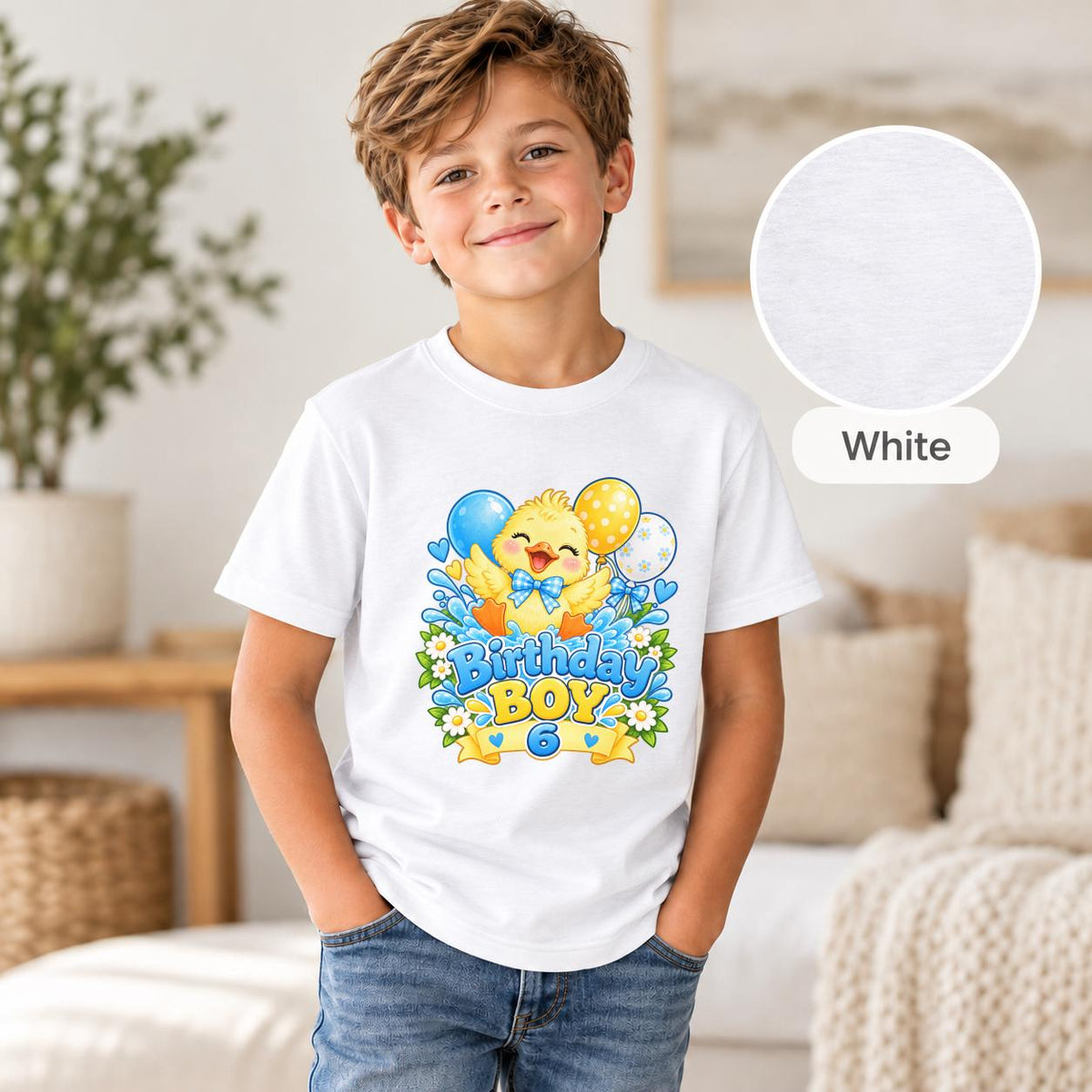 White Bella+Canvas 3001Y tee featuring the personalized birthday duck design with balloons, daisies, and bright lettering.