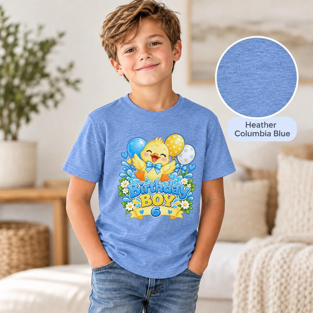 Heather Columbia Blue youth shirt showcasing the colorful duck birthday graphic with custom age and playful party details.