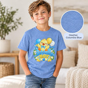 Heather Columbia Blue youth shirt showcasing the colorful duck birthday graphic with custom age and playful party details.