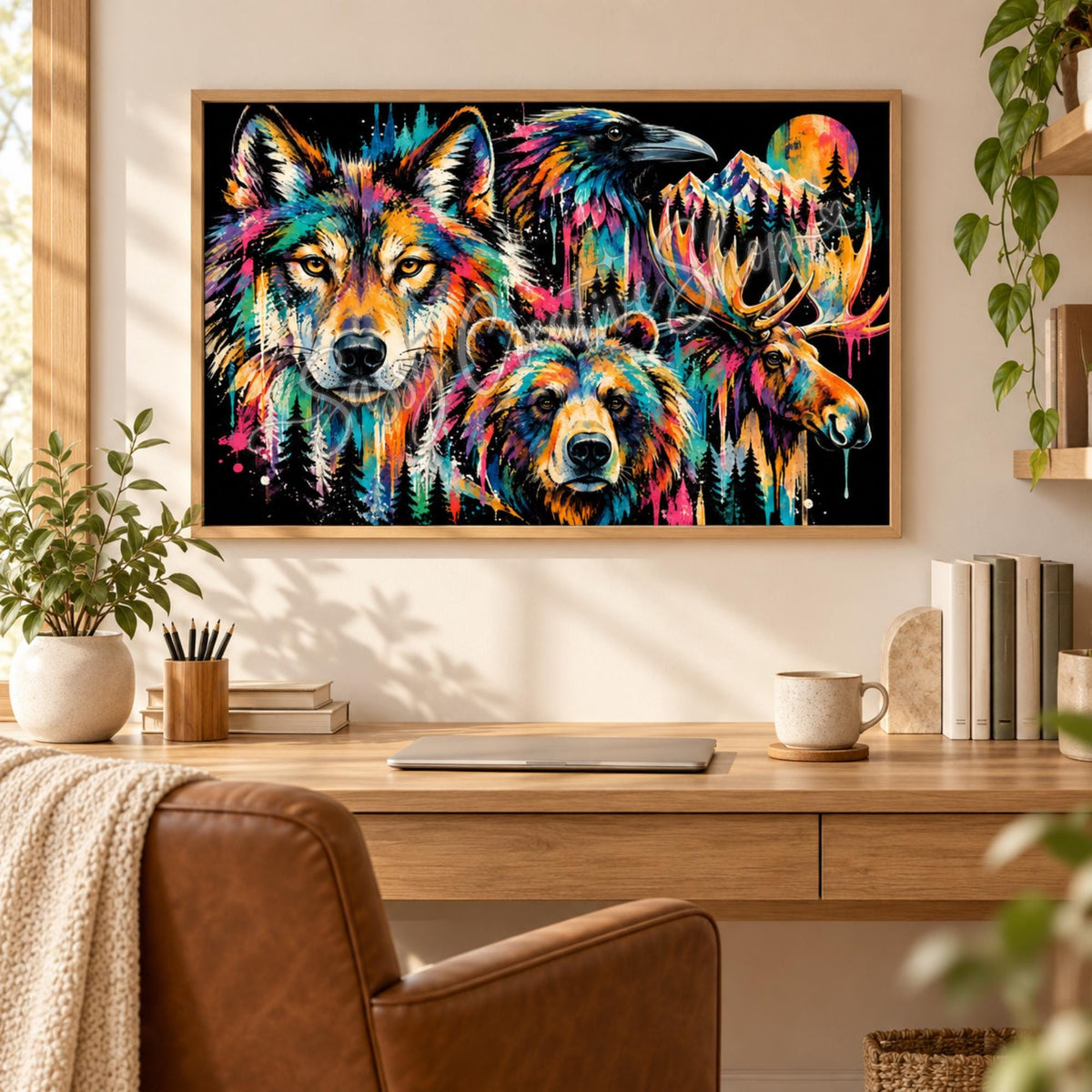Vibrant animal poster shown above a modern sofa, featuring bold painted wildlife with mountain scenery and a black background.