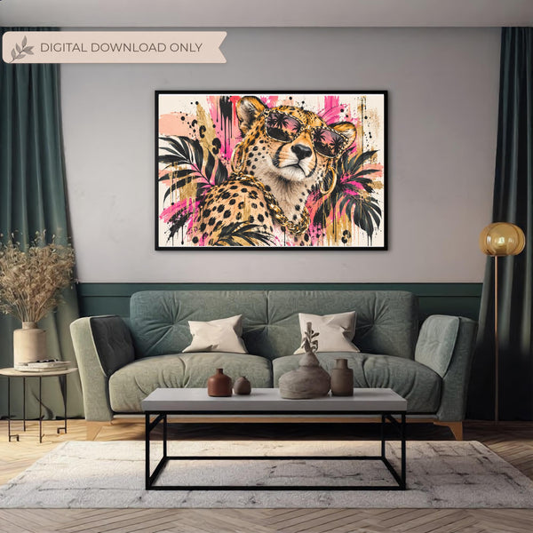 Digital leopard wall decor shown above a dark green sofa in a styled living room, highlighting the bold pink, black, cream, and botanical details.