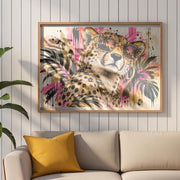Close-up mockup of the colorful leopard digital artwork in a light wood frame above a couch with mustard accent pillow.