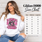 Gildan 18000 sweatshirt size chart shown beside the pink raccoon awareness design with unisex sizing information.