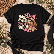 Black T-shirt mockup featuring the funny dog mom digital design with pink lettering, cream accents, and a fluffy brown dog illustration.