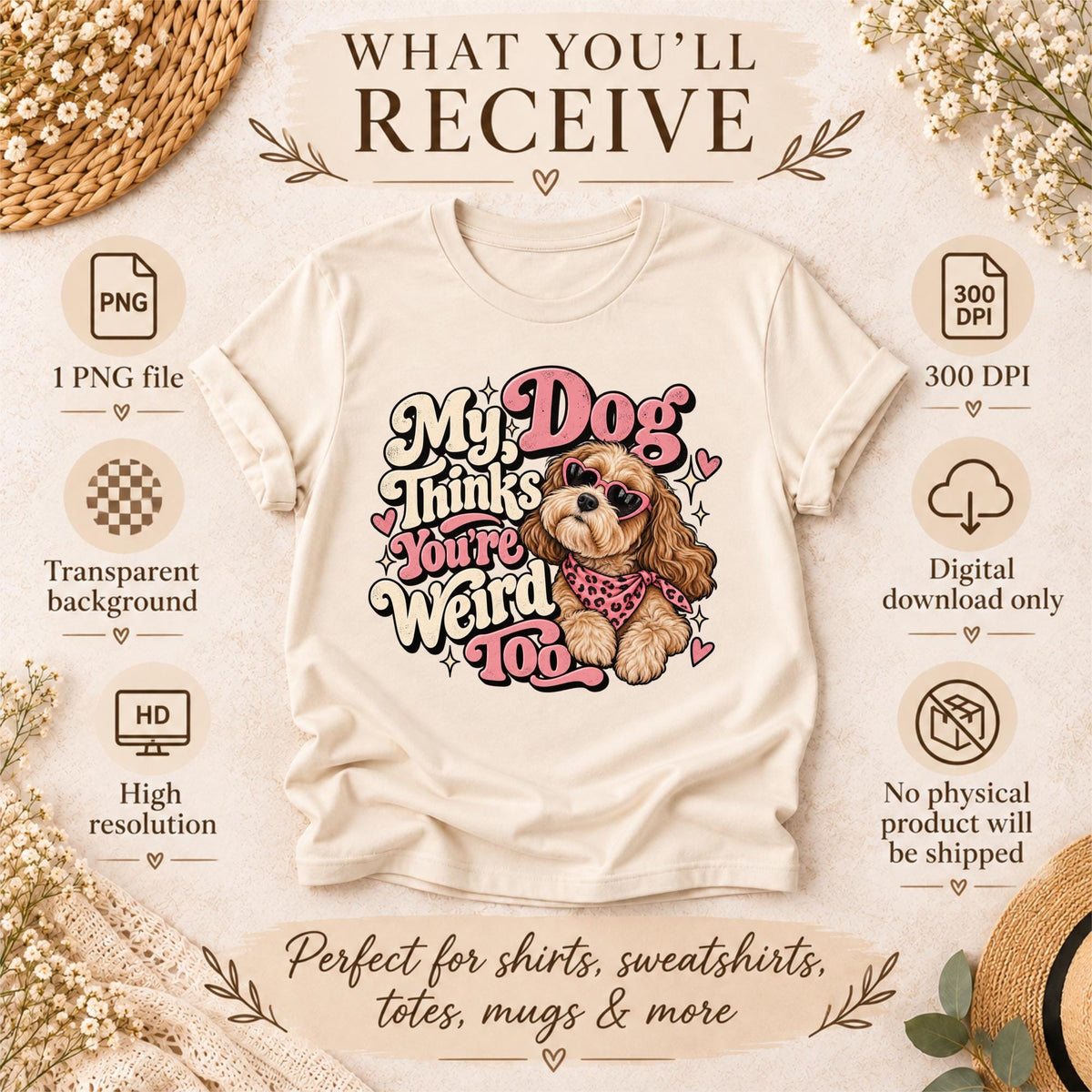 Digital download information graphic showing the dog design, PNG file details, transparent background, high resolution, and no physical product shipped.