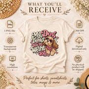 Digital download information graphic showing the dog design, PNG file details, transparent background, high resolution, and no physical product shipped.