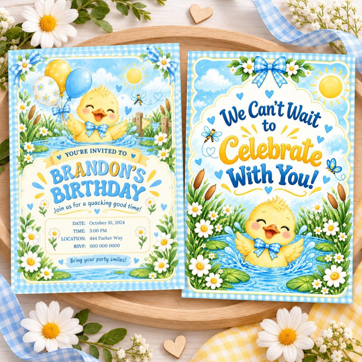 Matching duckling birthday invitation designs displayed side by side with colorful blue and yellow party illustrations, cute baby ducks, flowers, and coordinated birthday decorations.