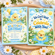 Matching duckling birthday invitation designs displayed side by side with colorful blue and yellow party illustrations, cute baby ducks, flowers, and coordinated birthday decorations.