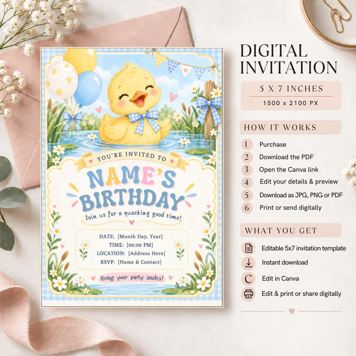 Editable Birthday Boy Duck invitation featuring an adorable yellow duckling, blue balloons, pastel yellow accents, and cheerful birthday lettering with digital Canva template instructions.
