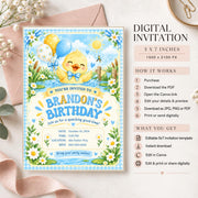 Birthday Boy Duck digital Canva invitation shown beside an information guide explaining the editable birthday template, with yellow duckling artwork, blue accents, and floral styling.