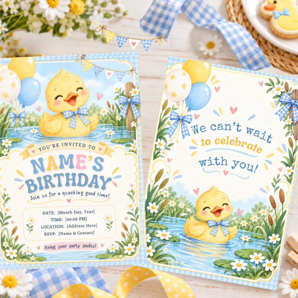 Cute Birthday Boy Duck digital invitation displayed with coordinating blue and yellow duckling party decorations, balloons, and playful birthday graphics.