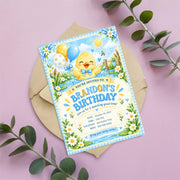 Editable Birthday Boy Duck invitation featuring an adorable yellow duckling, blue and yellow birthday decorations, and cheerful lettering, displayed on a soft pink background with green botanical leaves.