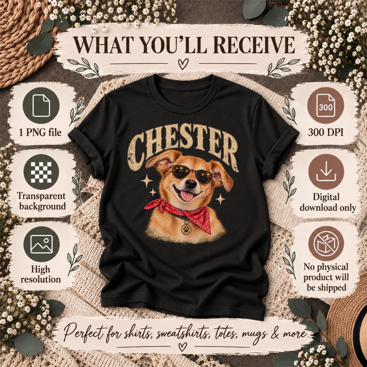 Digital file information mockup showing a personalized Chester pet portrait on a black T-shirt, with PNG download details, transparent background information and a vintage dog illustration.